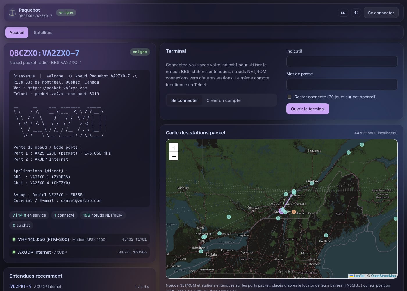 Page web du nœud VA2ZXO-7 avec le terminal et la carte des stations packet